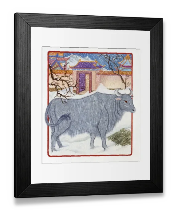 Framed Print : Illustration Ox Outside the Gate, representing Chinese Year Of The Ox Framed Print : Illustration Ox Outside the Gate, representing Chinese Year Of The Ox