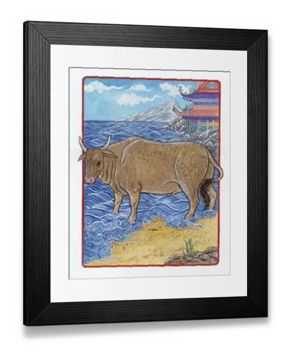 Framed Print : Illustration of Ox in the Sea, representing Chinese Year Of The Ox Framed Print : Illustration of Ox in the Sea, representing Chinese Year Of The Ox