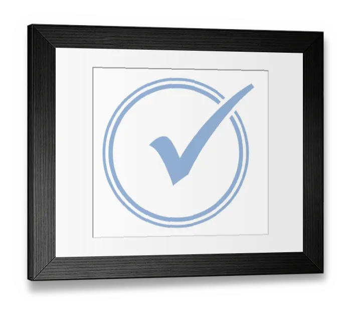 Framed Print : Digital illustration of blue tick symbol in white circle Framed Print : Digital illustration of blue tick symbol in white circle