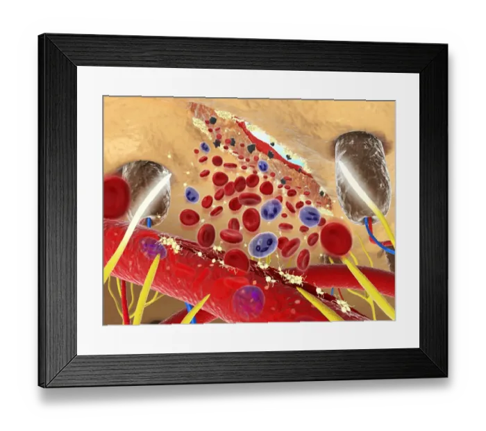 Framed Print : Digital cross section illustration wound below human skin showing red and white blood cells and yell