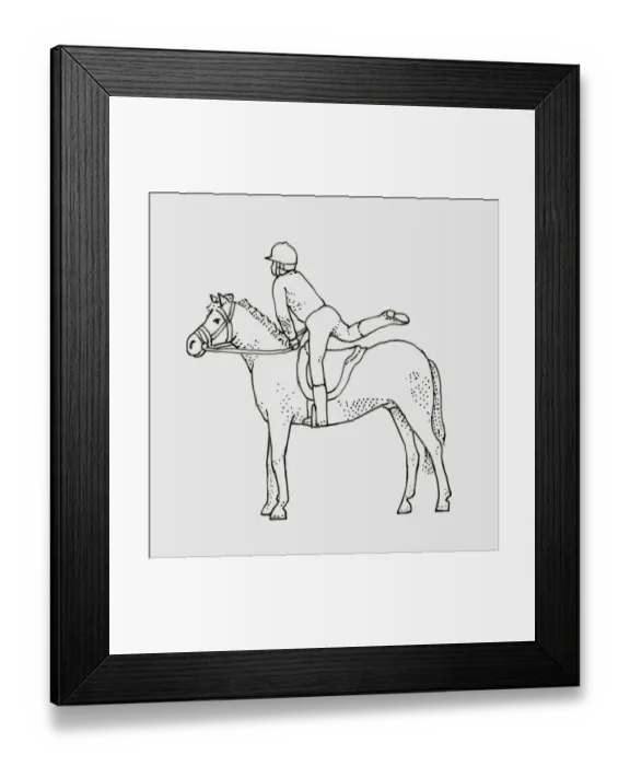 Framed Print : Black and white illustration of child swinging leg over back of horse Framed Print : Black and white illustration of child swinging leg over back of horse