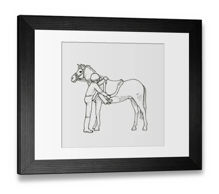Framed Print : Black and white illustration of child getting on horse Framed Print : Black and white illustration of child getting on horse