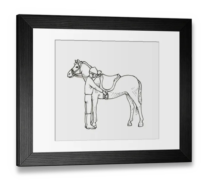 Framed Print : Black and white illustration of child preparing to get on horse Framed Print : Black and white illustration of child preparing to get on horse