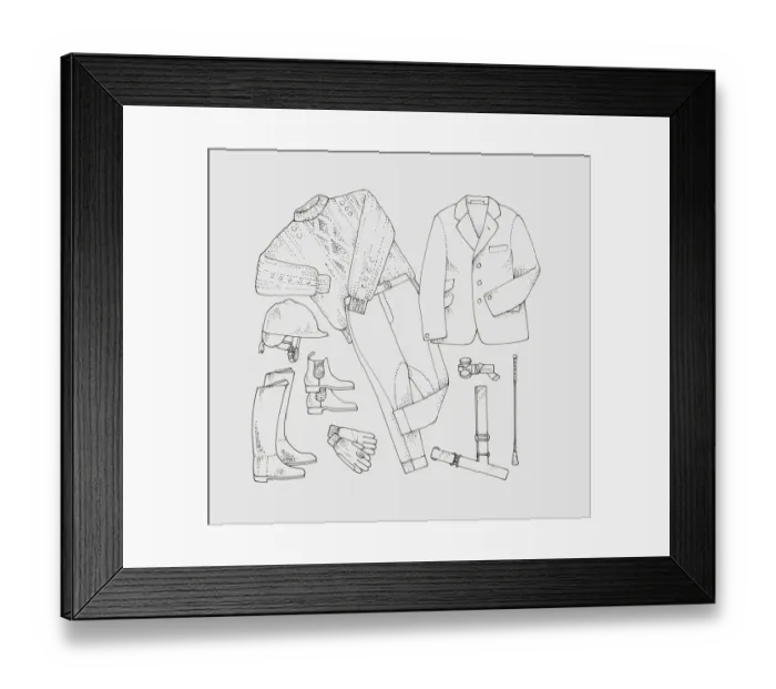 Framed Print : Black and white illustration of riding habit and whip, stirrup torch and fluorescent belt Framed Print : Black and white illustration of riding habit and whip, stirrup torch and fluorescent belt