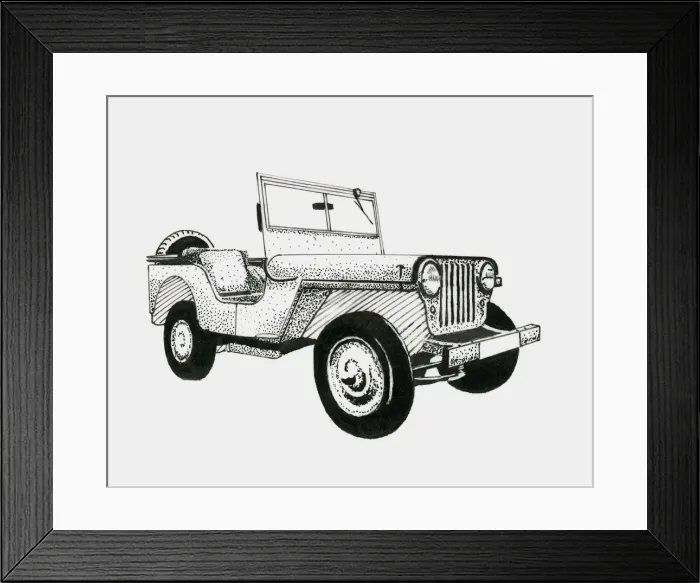Framed Print : Black and white illustration of 1950s jeep Framed Print : Black and white illustration of 1950s jeep
