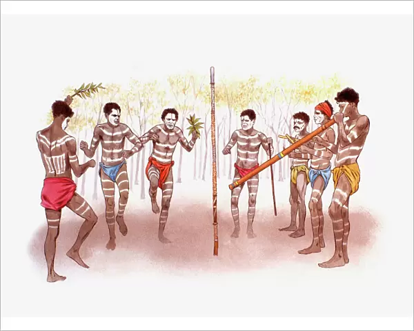 Digital illustration of Australian Aboriginal men dancing, singing, and playing the didgeridoo