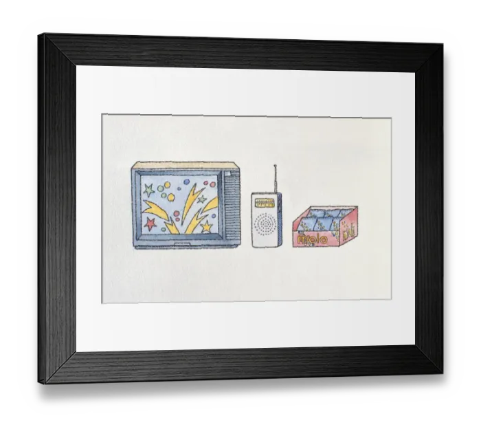 Framed Print : Illustration of television, radio and packets of sweets Framed Print : Illustration of television, radio and packets of sweets