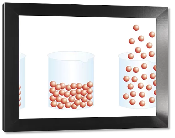 Digital illustration of atoms of solid and liquid gas in beakers