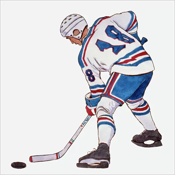 Illustration of ice hockey player wearing protective clothing, holding hockey stick near puck