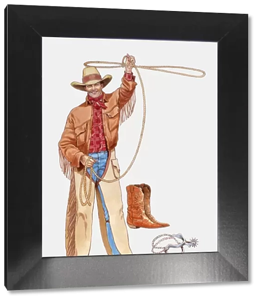 Illustration of cowboy with lasso, spurs and boots