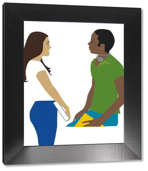 Digital illustration of teenage boy and girl, holding books, talking face to face