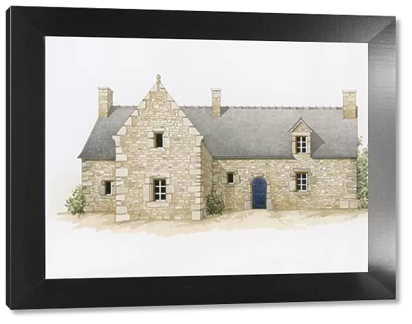 Digital illustration of typical stone house with slate roof found in Brittany, France