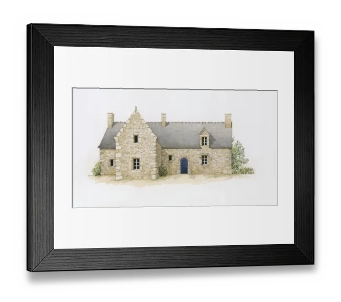 Framed Print : Digital illustration of typical stone house with slate roof found in Brittany, France Framed Print : Digital illustration of typical stone house with slate roof found in Brittany, France