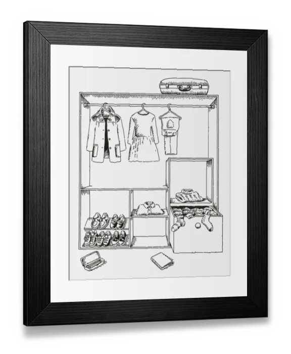 Framed Print : Black and white digital illustration of clothing and shoes in wardrobe and suitcase on top Framed Print : Black and white digital illustration of clothing and shoes in wardrobe and suitcase on top