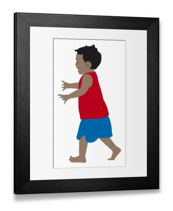 Framed Print : Digital illustration of toddler walking with mouth open and arms reaching out