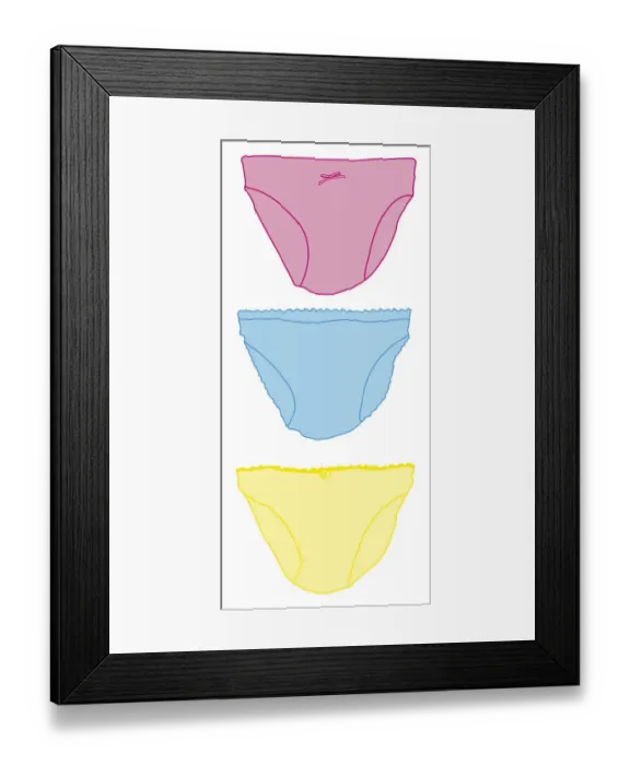 Framed Print : Digital illustration of three pairs of colourful pink, blue and yellow knickers Framed Print : Digital illustration of three pairs of colourful pink, blue and yellow knickers