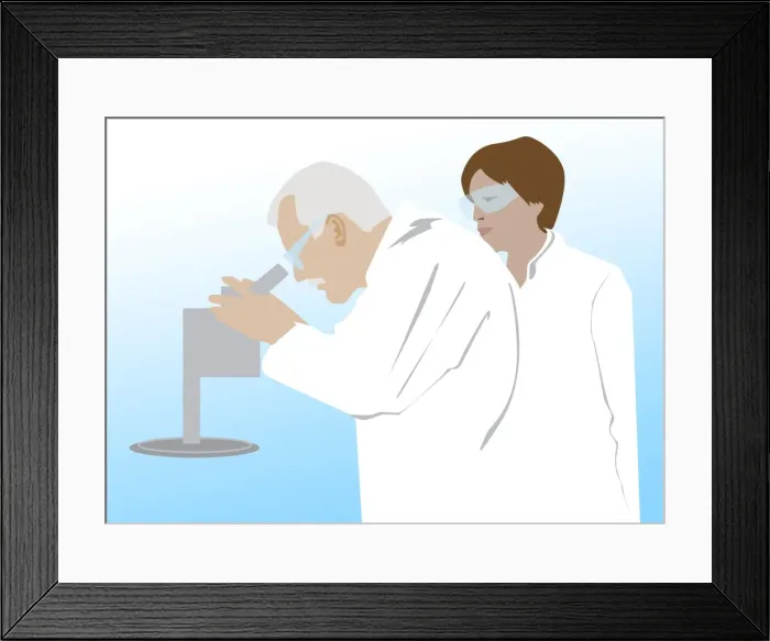 Framed Print : Digital illustration of scientist looking through microscope with woman standing behind Framed Print : Digital illustration of scientist looking through microscope with woman standing behind
