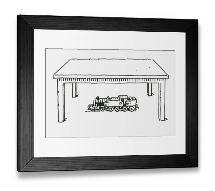 Framed Print : Black and white digital illustration of toy steam train below table