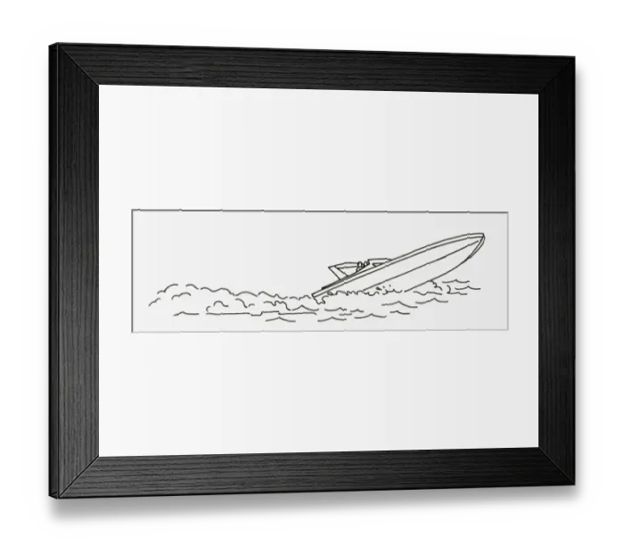 Framed Print : Black and white digital illustration of speed boat at sea