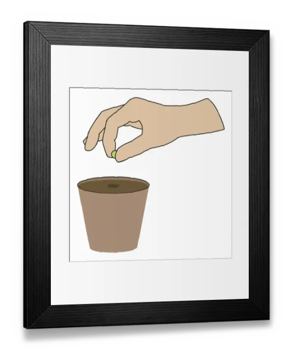 Framed Print : Digital illustration of hand holding pea above plant pot Framed Print : Digital illustration of hand holding pea above plant pot