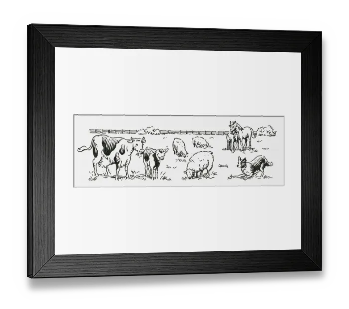 Framed Print : Black and white digital illustration of cow and calf, horse and foal, sheep and sheepdog in field Framed Print : Black and white digital illustration of cow and calf, horse and foal, sheep and sheepdog in field