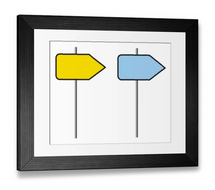 Framed Print : Digital illustration of yellow and blue direction signs