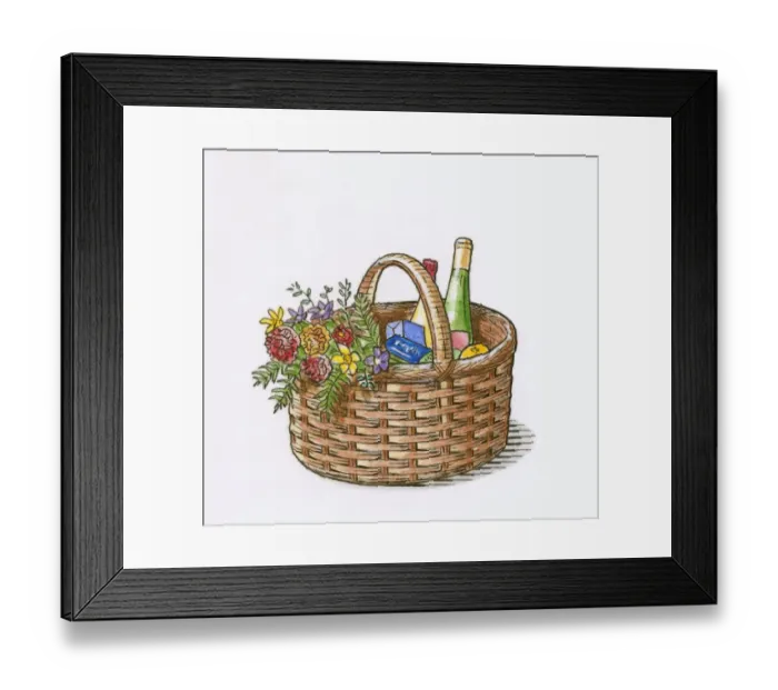Framed Print : Illustration of groceries and bunch of fresh flowers in wicker shopping basket Framed Print : Illustration of groceries and bunch of fresh flowers in wicker shopping basket