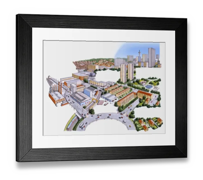 Framed Print : Digital illustration of modern city showing roads, industrial, business, and residential development Framed Print : Digital illustration of modern city showing roads, industrial, business, and residential development