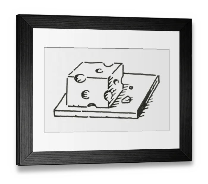 Framed Print : Black and white digital illustration of Emmental cheese on chopping board