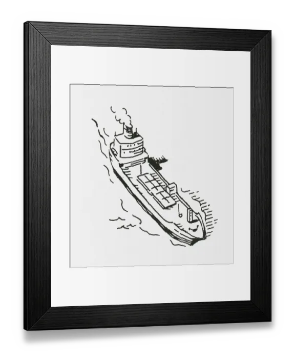 Framed Print : Black and white digital illustration of cargo ship at sea Framed Print : Black and white digital illustration of cargo ship at sea