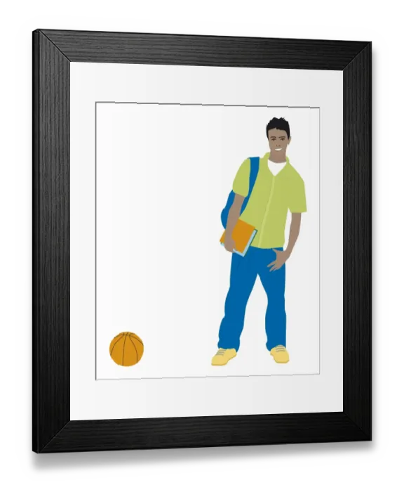 Framed Print : Digital illustration of smiling teenager with bag on shoulder, holding book, standing near basketbal
