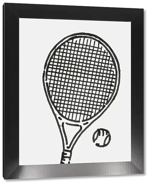 Black and white digital illustration of tennis racquet and two tennis balls