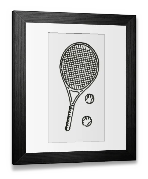 Framed Print : Black and white digital illustration of tennis racquet and two tennis balls Framed Print : Black and white digital illustration of tennis racquet and two tennis balls
