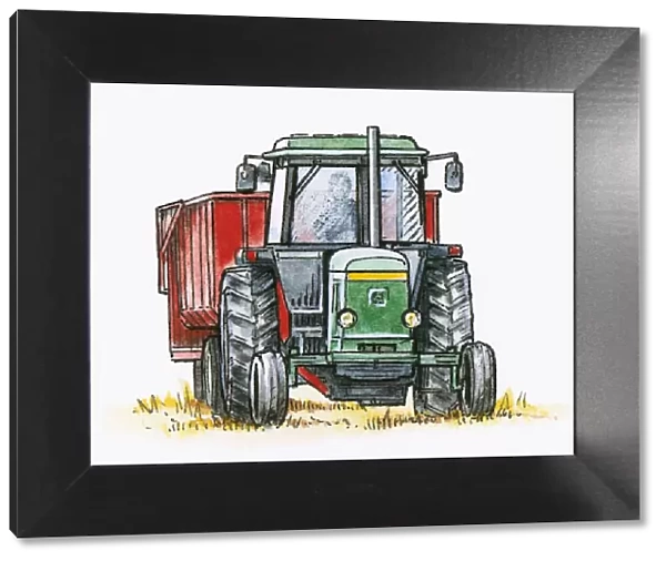 Illustration of man driving tractor pulling a trailer in field