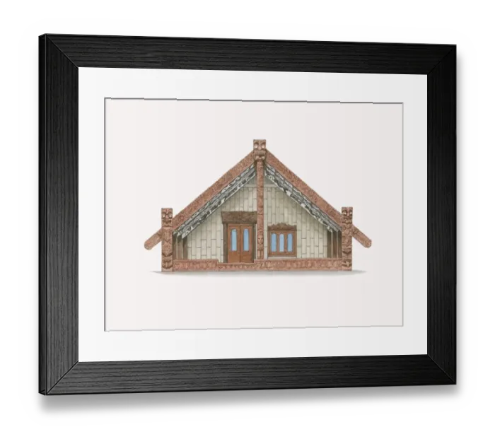 Framed Print : Digital illustration of Te Tokanganui-a-Noho Maori Meeting House facade in Te Kuiti on New Zealand s