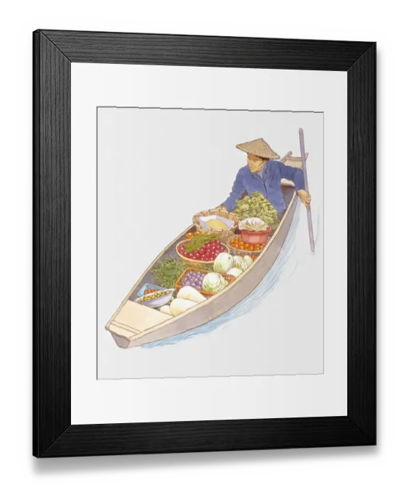 Framed Print : Illustration of man steering floating market boat