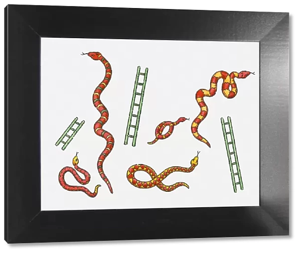 Digital illustration of colourful snakes and green ladders