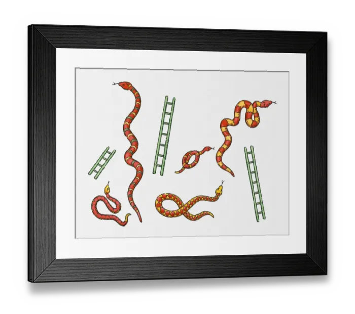 Framed Print : Digital illustration of colourful snakes and green ladders