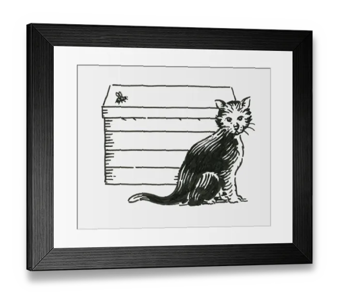 Framed Print : Black and white digital illustration of inquisitive kitten sitting near honeybee flying above beehiv Framed Print : Black and white digital illustration of inquisitive kitten sitting near honeybee flying above beehiv