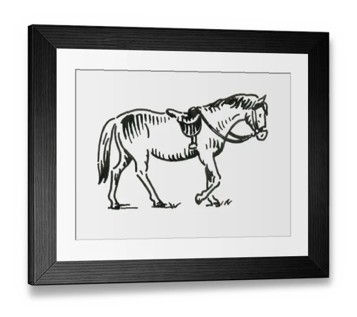 Framed Print : Black and white digital illustration of horse wearing bridle and saddle Framed Print : Black and white digital illustration of horse wearing bridle and saddle