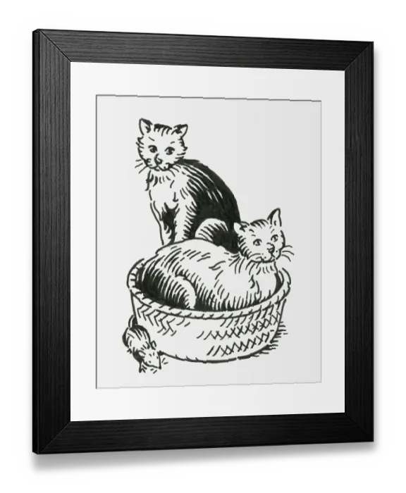 Framed Print : Black and white digital illustration of two cats oblivious to mouse neat pet bed Framed Print : Black and white digital illustration of two cats oblivious to mouse neat pet bed