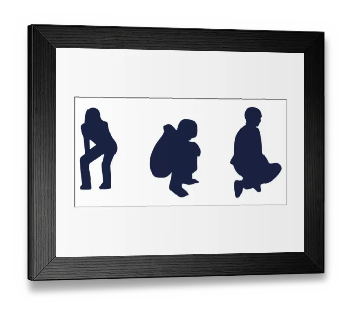 Framed Print : Black and white digital illustration of people in crouching positions Framed Print : Black and white digital illustration of people in crouching positions