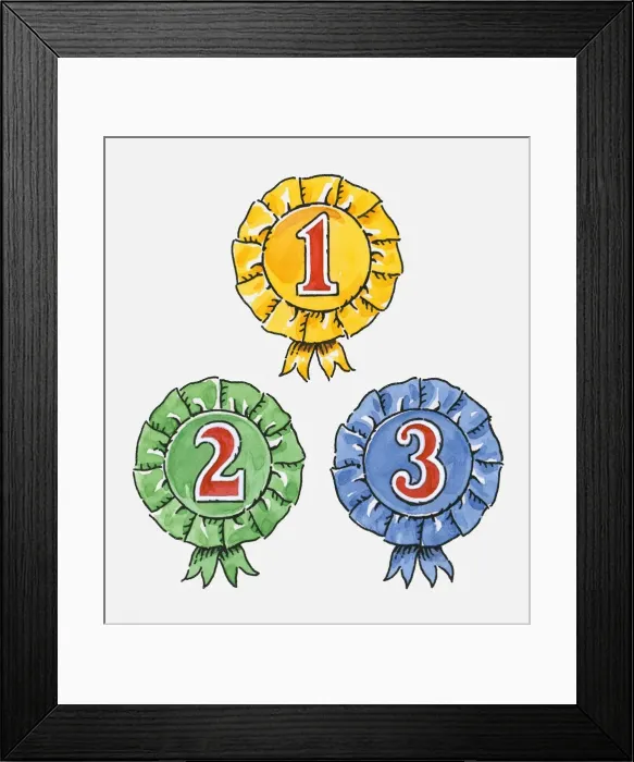 Framed Print : Digital illustration of first, second and third place rosettes Framed Print : Digital illustration of first, second and third place rosettes