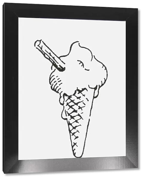 Black and white digital illustration of melting ice cream cone with chocolate flake