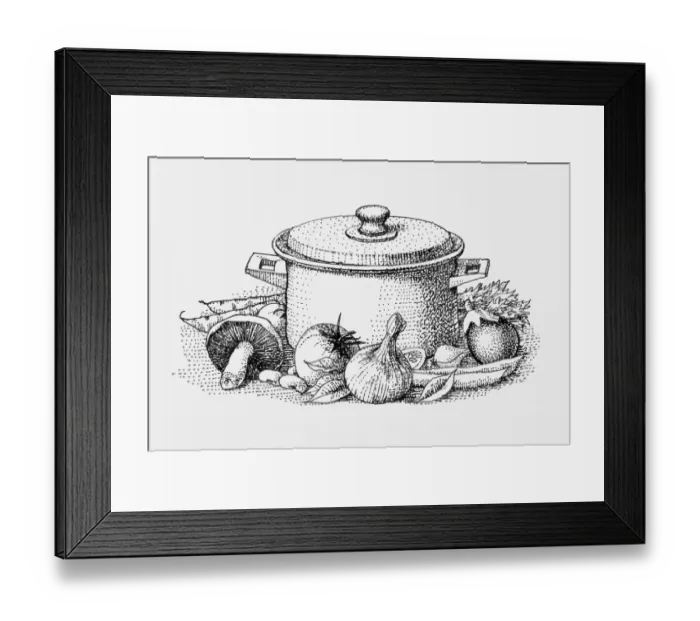 Framed Print : Black and white illustration of ingredients surrounding casserole dish Framed Print : Black and white illustration of ingredients surrounding casserole dish