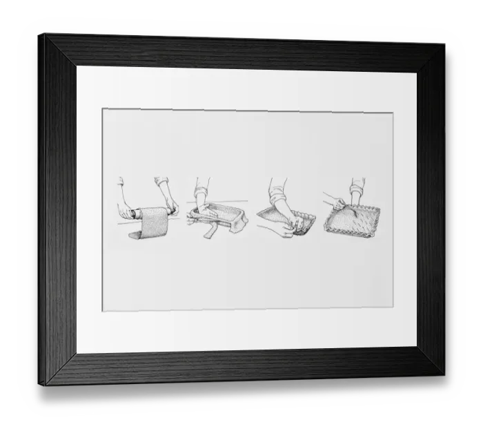 Framed Print : Black and white illustration sequence showing how roll and line a pastry dish Framed Print : Black and white illustration sequence showing how roll and line a pastry dish