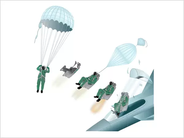 Digital image sequence of pilot sitting in ejection seat, explosive charge forcing seat from aircraft, pilot floating in sky suspended from parachute