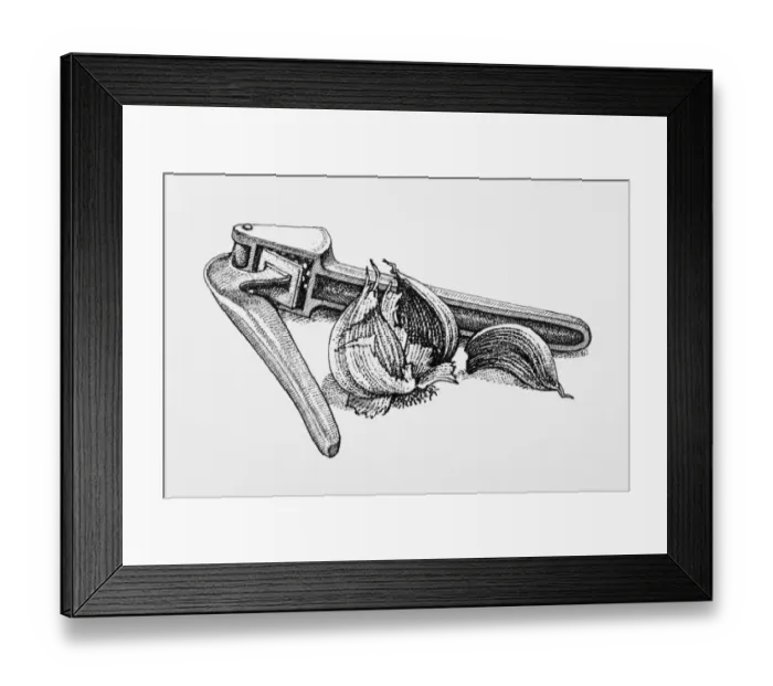 Framed Print : Black and white illustration of garlic and garlic press Framed Print : Black and white illustration of garlic and garlic press