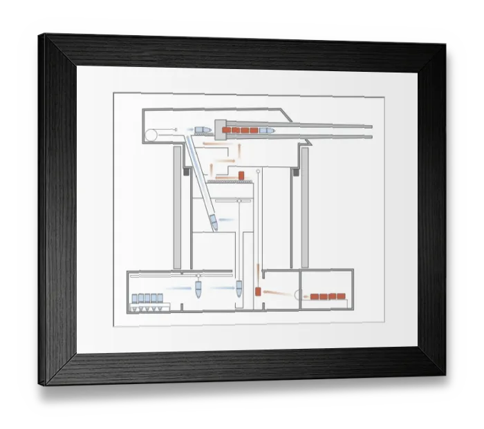 Framed Print : Cross section digital illustration of mechanism inside World War One US battleship turret gun