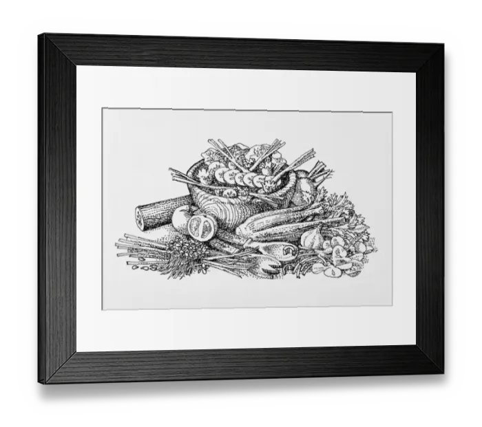 Framed Print : Black and white illustration of abundance of salad vegetables, wooden salad bowl and servers Framed Print : Black and white illustration of abundance of salad vegetables, wooden salad bowl and servers